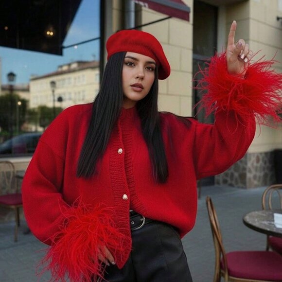 Red Casual Festive Women's fluffy faux fur sleeve cuffs Cardigan Top - Picture 11 of 11